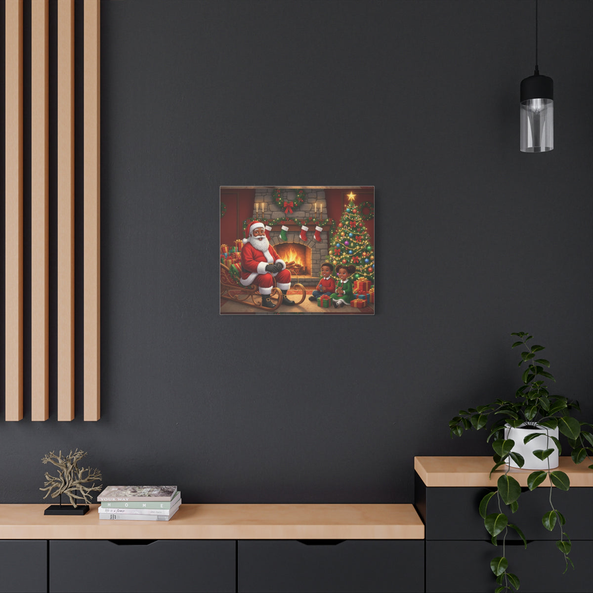 Christmas Santa Visit Canvas — Kids by the Fireplace Holiday Wall Art