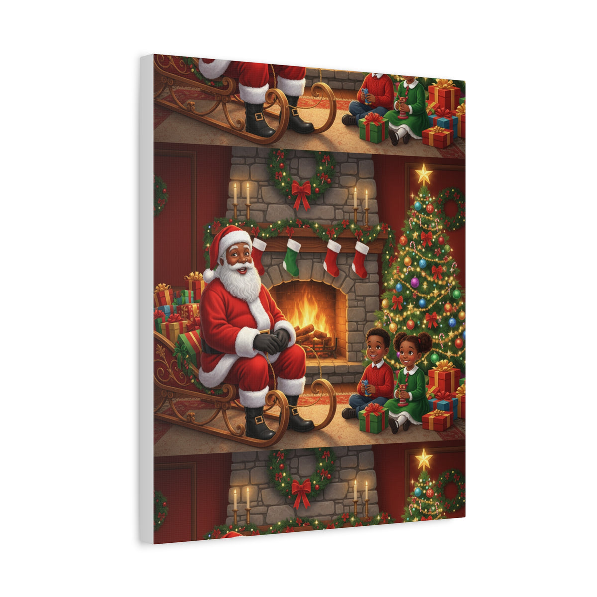 Christmas Santa Visit Canvas — Kids by the Fireplace Holiday Wall Art