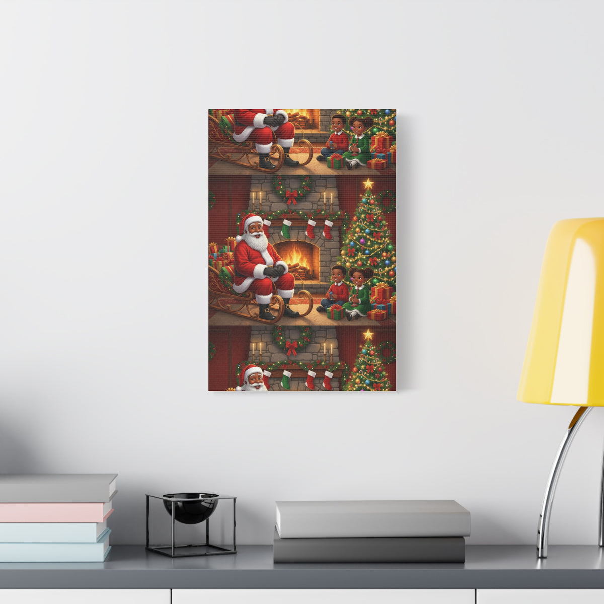 Christmas Santa Visit Canvas — Kids by the Fireplace Holiday Wall Art
