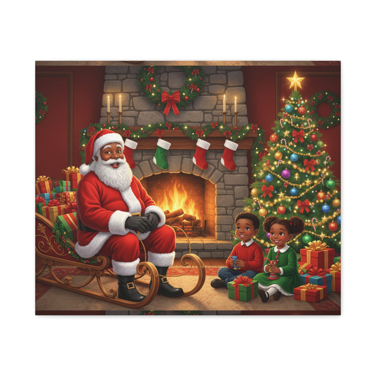 Christmas Santa Visit Canvas — Kids by the Fireplace Holiday Wall Art
