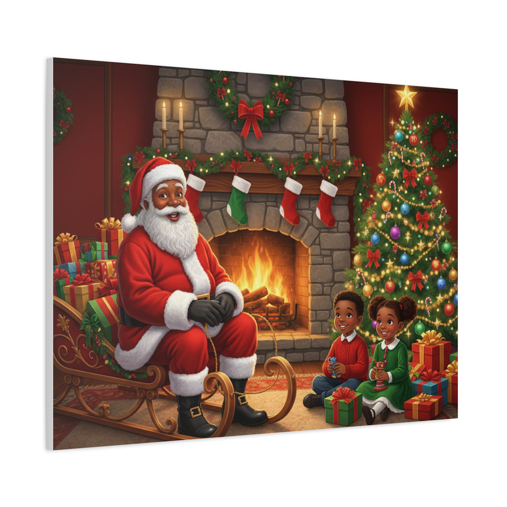 Christmas Santa Visit Canvas — Kids by the Fireplace Holiday Wall Art