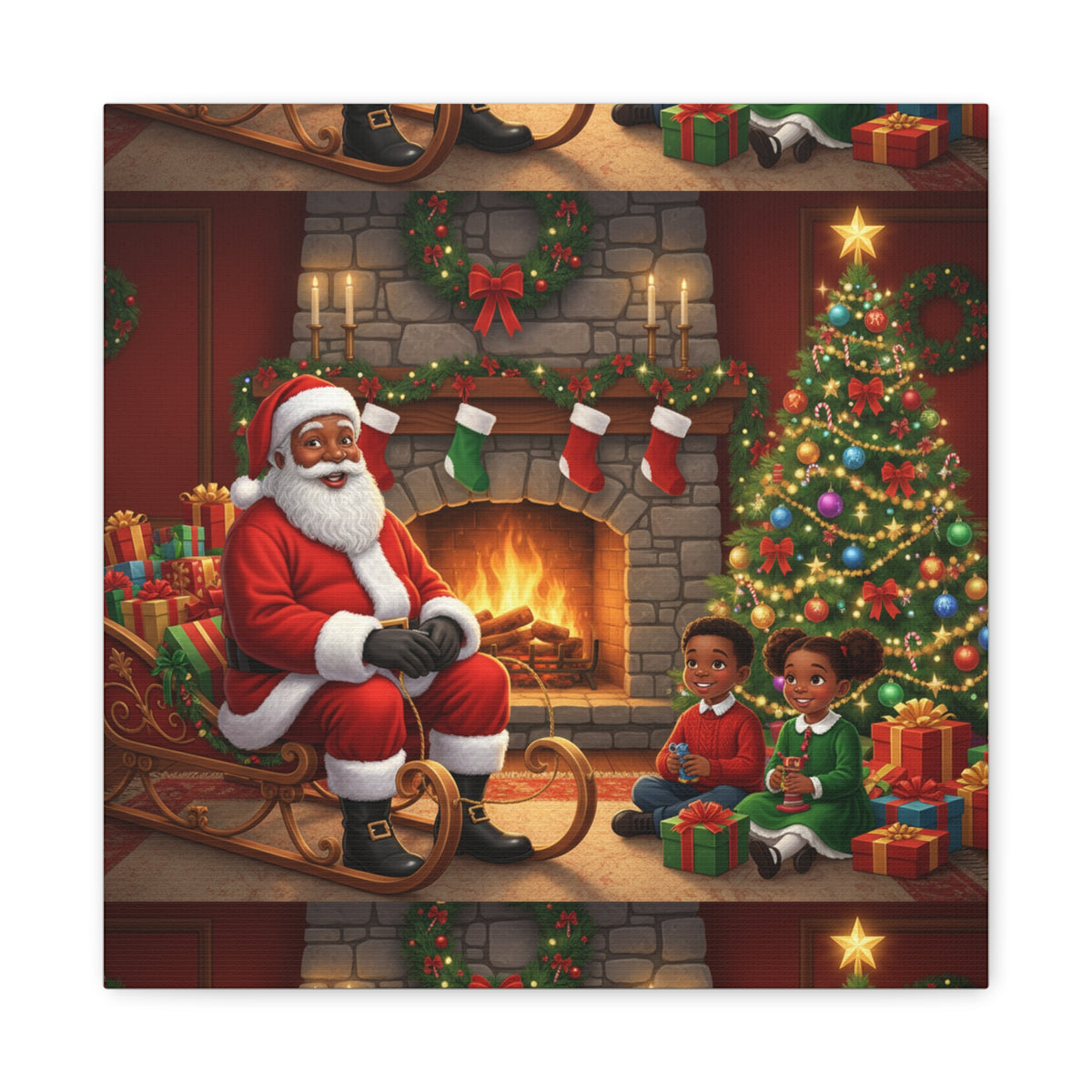 Christmas Santa Visit Canvas — Kids by the Fireplace Holiday Wall Art