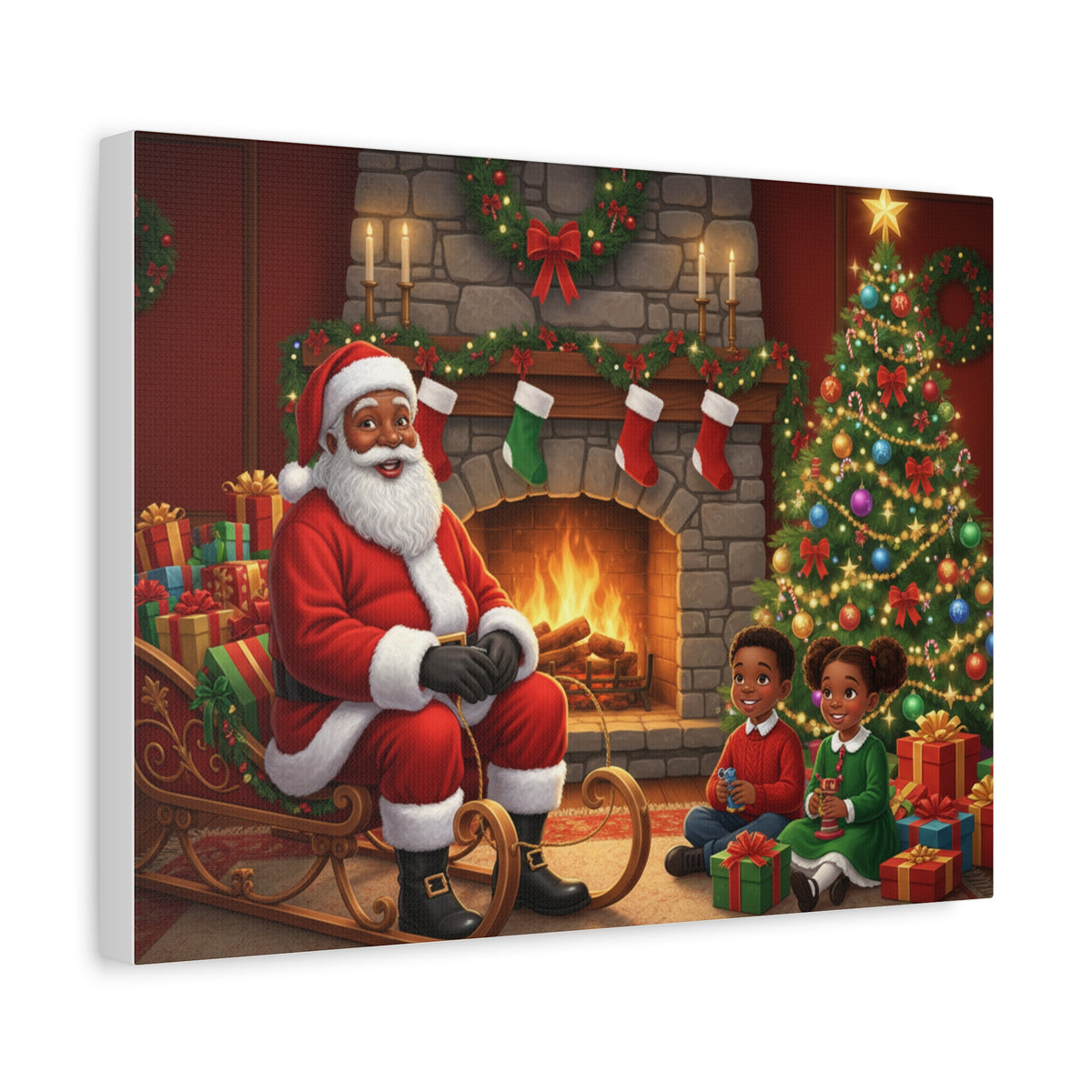 Christmas Santa Visit Canvas — Kids by the Fireplace Holiday Wall Art