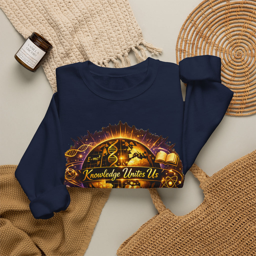 Crewneck Sweatshirt — 'Knowledge Unites Us' Cosmic Book & Community Graphic