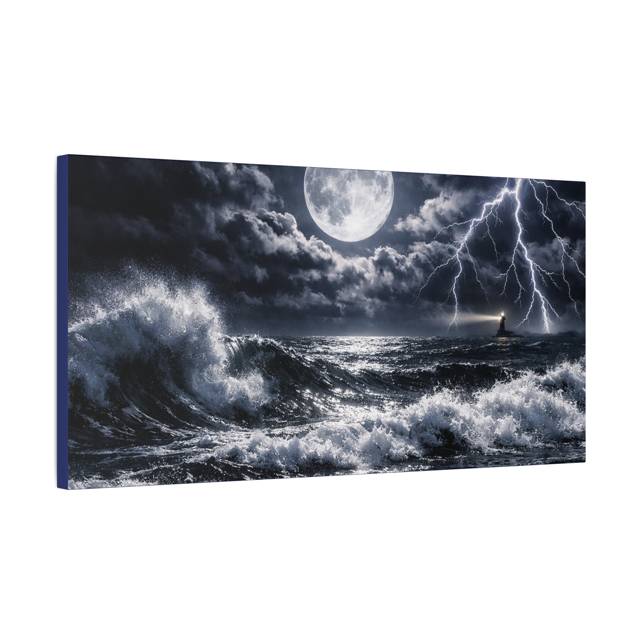 Stormy Moonlit Ocean Canvas Print — Dramatic Lighthouse Wall Art