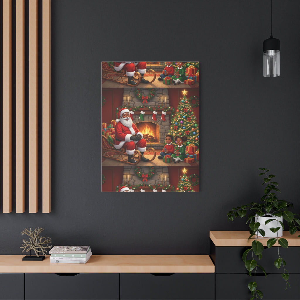 Christmas Santa Visit Canvas — Kids by the Fireplace Holiday Wall Art