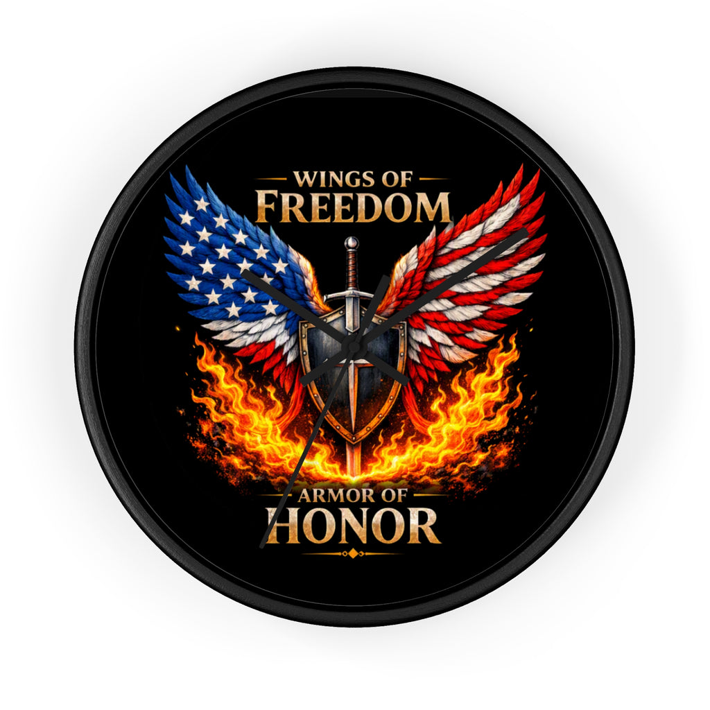 Wall Clock — Wings of Freedom Armor of Honor Patriotic American Eagle Flame Clock