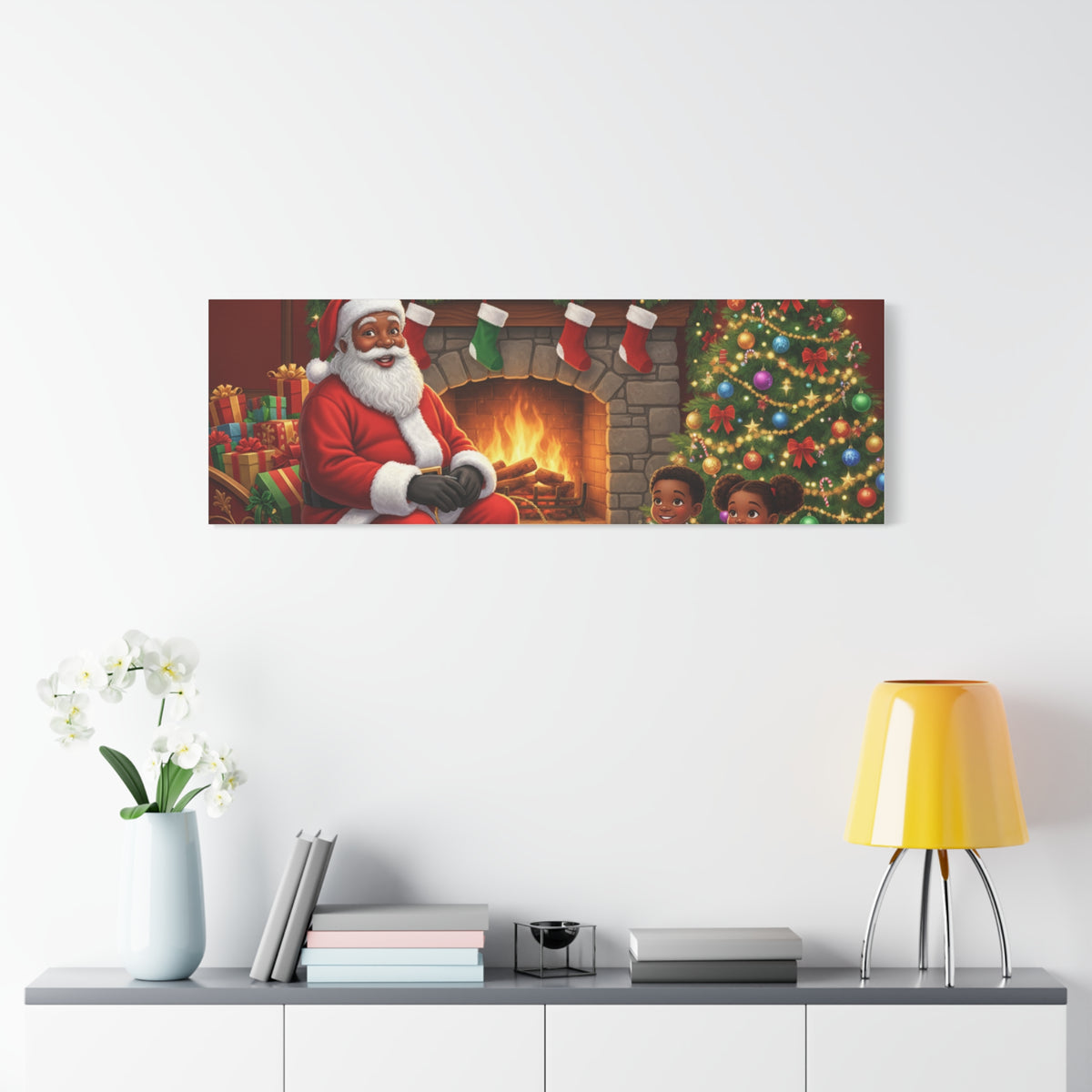 Christmas Santa Visit Canvas — Kids by the Fireplace Holiday Wall Art