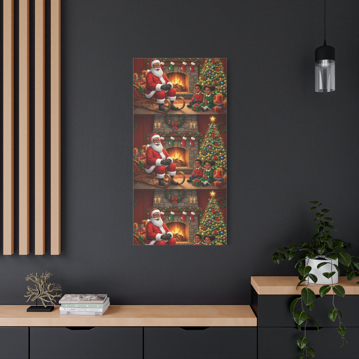 Christmas Santa Visit Canvas — Kids by the Fireplace Holiday Wall Art