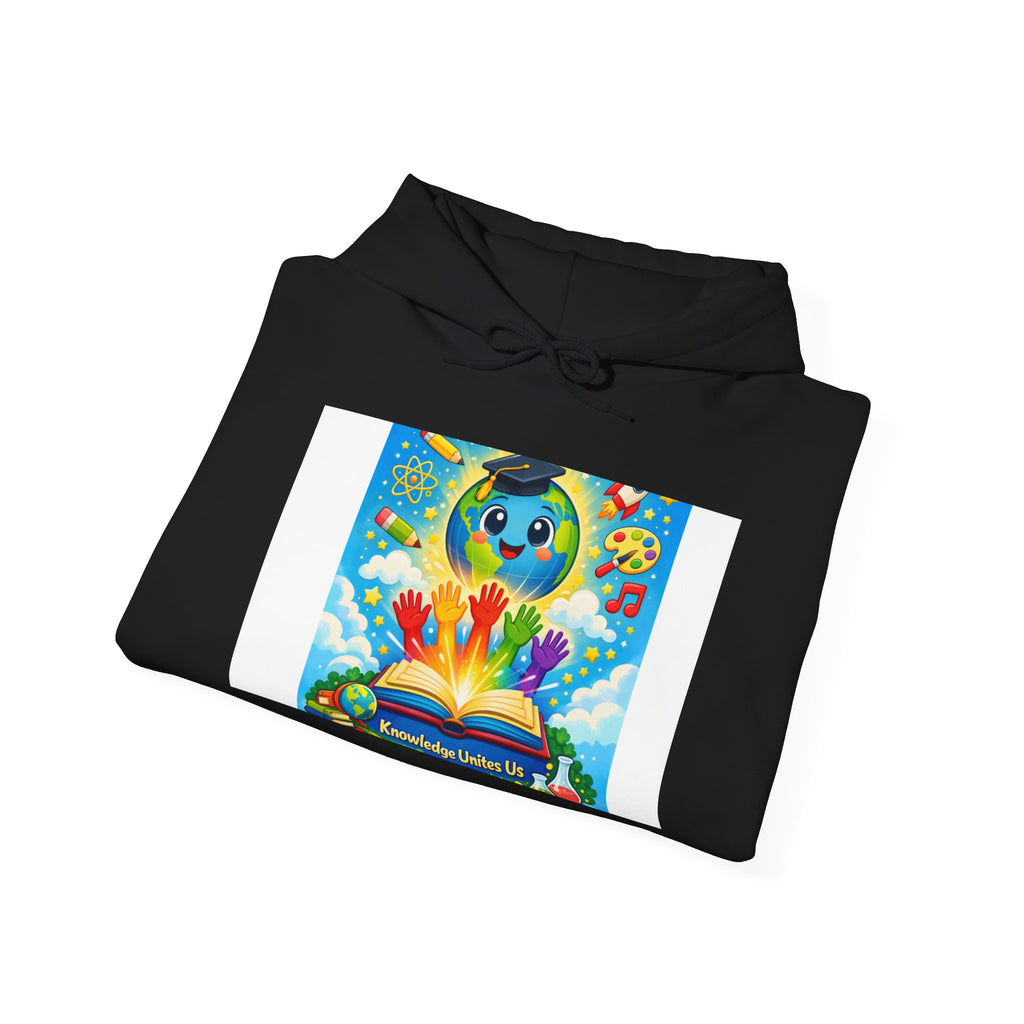 Hoodie — Colorful Earth & Peace Cartoon Graphic "Knowledge Before Power"
