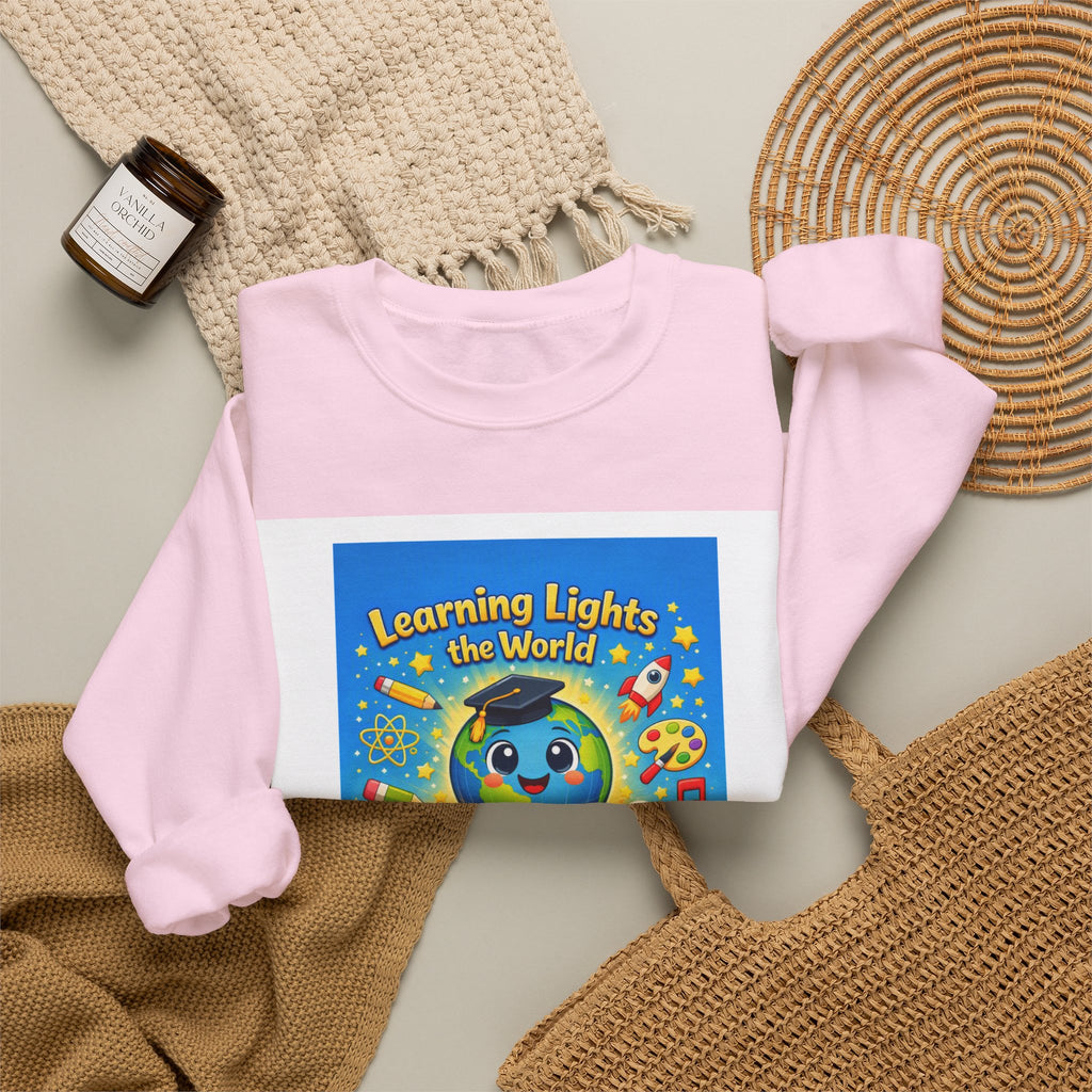 Crewneck Sweatshirt — "Learning Lights the World" Cute Graduation Earth Character Kids Educator Gift
