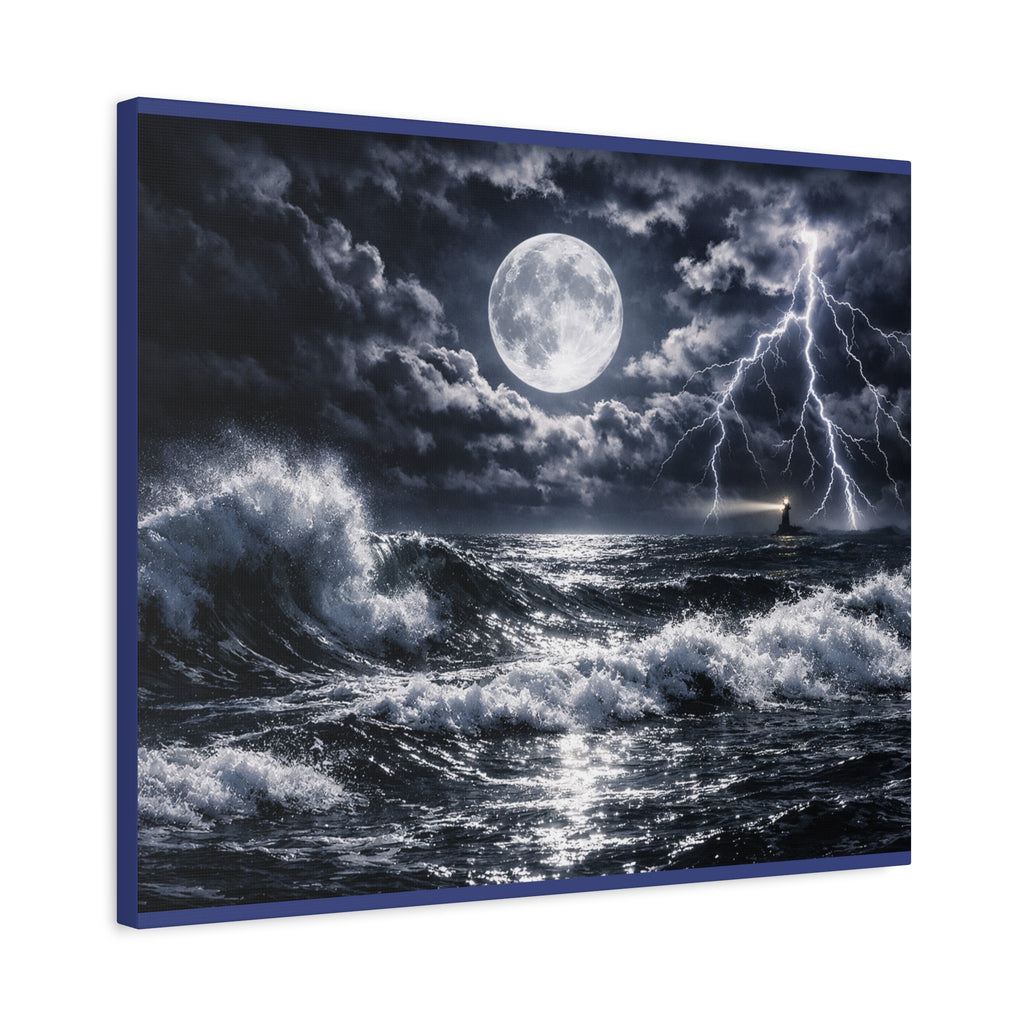 Stormy Moonlit Ocean Canvas Print — Dramatic Lighthouse Wall Art