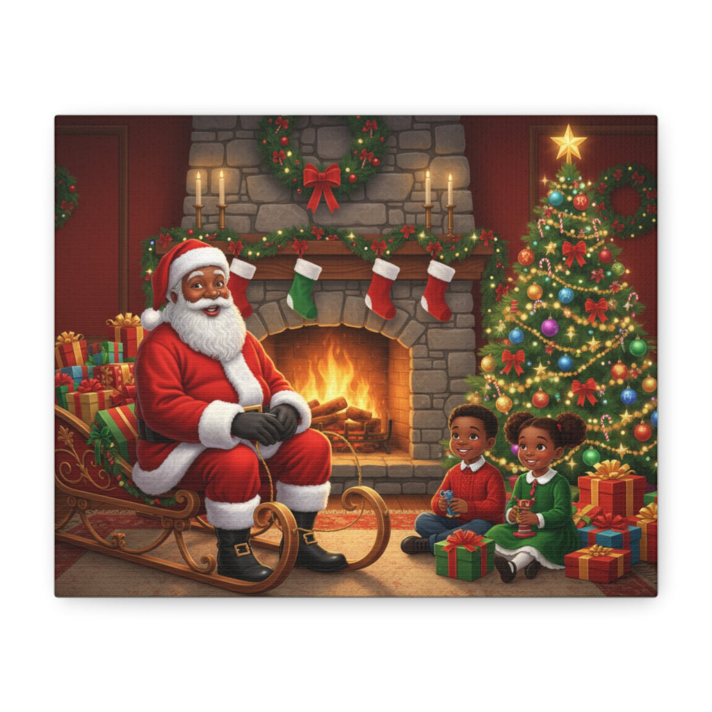 Christmas Santa Visit Canvas — Kids by the Fireplace Holiday Wall Art
