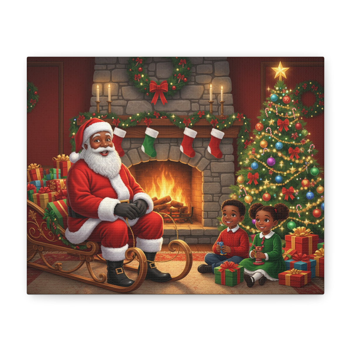 Christmas Santa Visit Canvas — Kids by the Fireplace Holiday Wall Art
