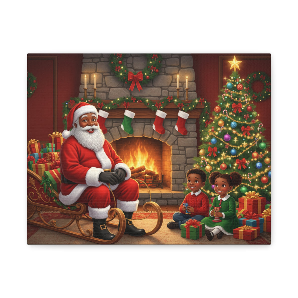 Christmas Santa Visit Canvas — Kids by the Fireplace Holiday Wall Art