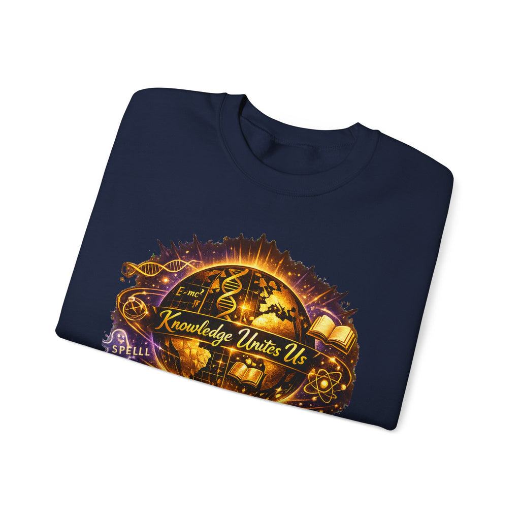 Crewneck Sweatshirt — 'Knowledge Unites Us' Cosmic Book & Community Graphic
