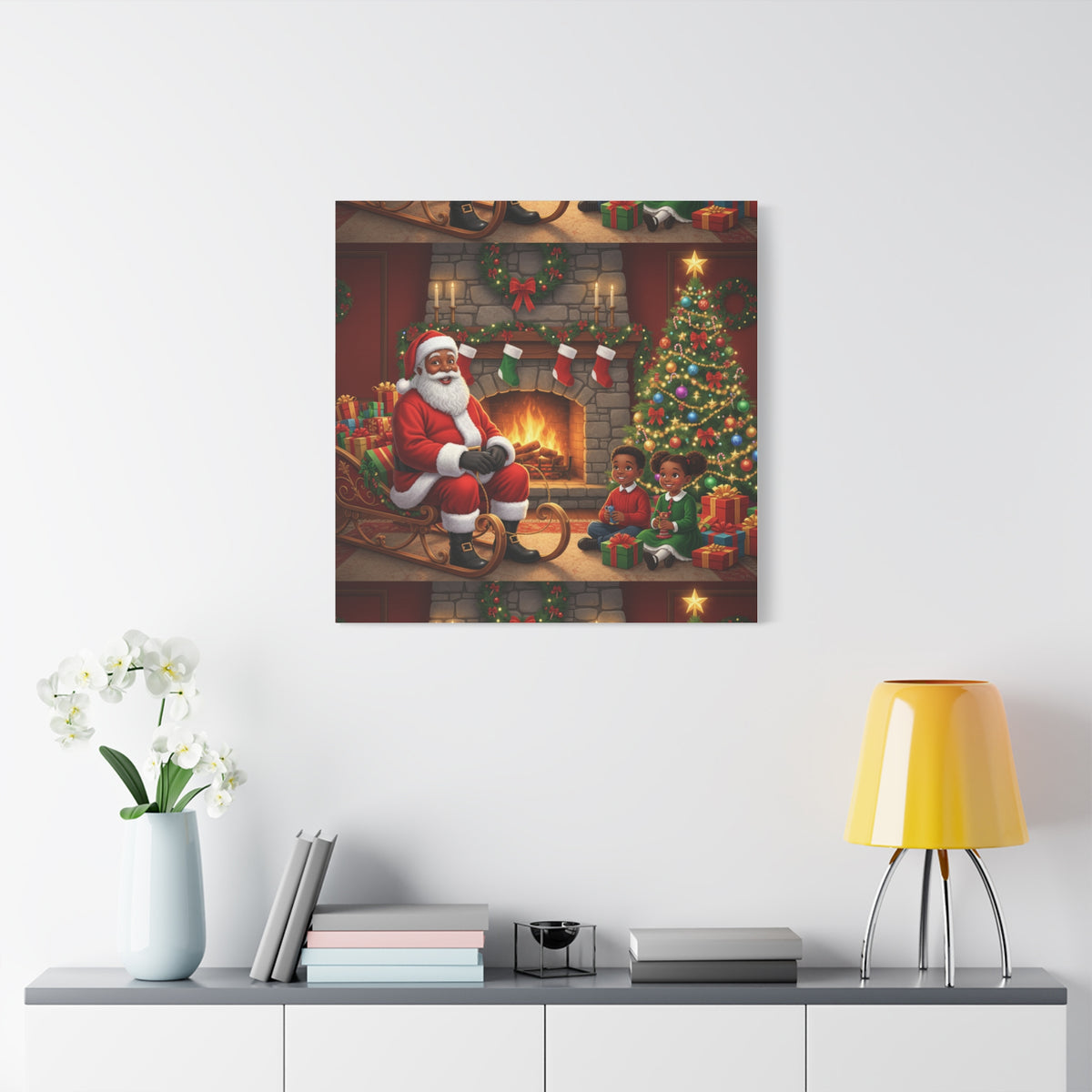 Christmas Santa Visit Canvas — Kids by the Fireplace Holiday Wall Art