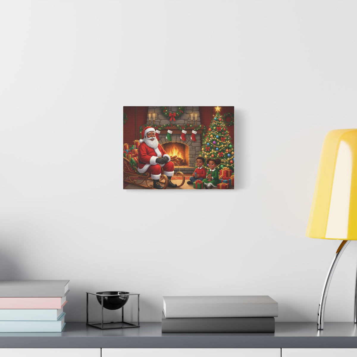 Christmas Santa Visit Canvas — Kids by the Fireplace Holiday Wall Art