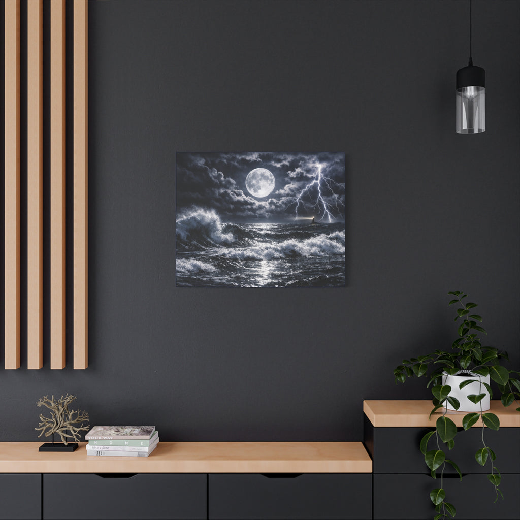 Stormy Moonlit Ocean Canvas Print — Dramatic Lighthouse Wall Art