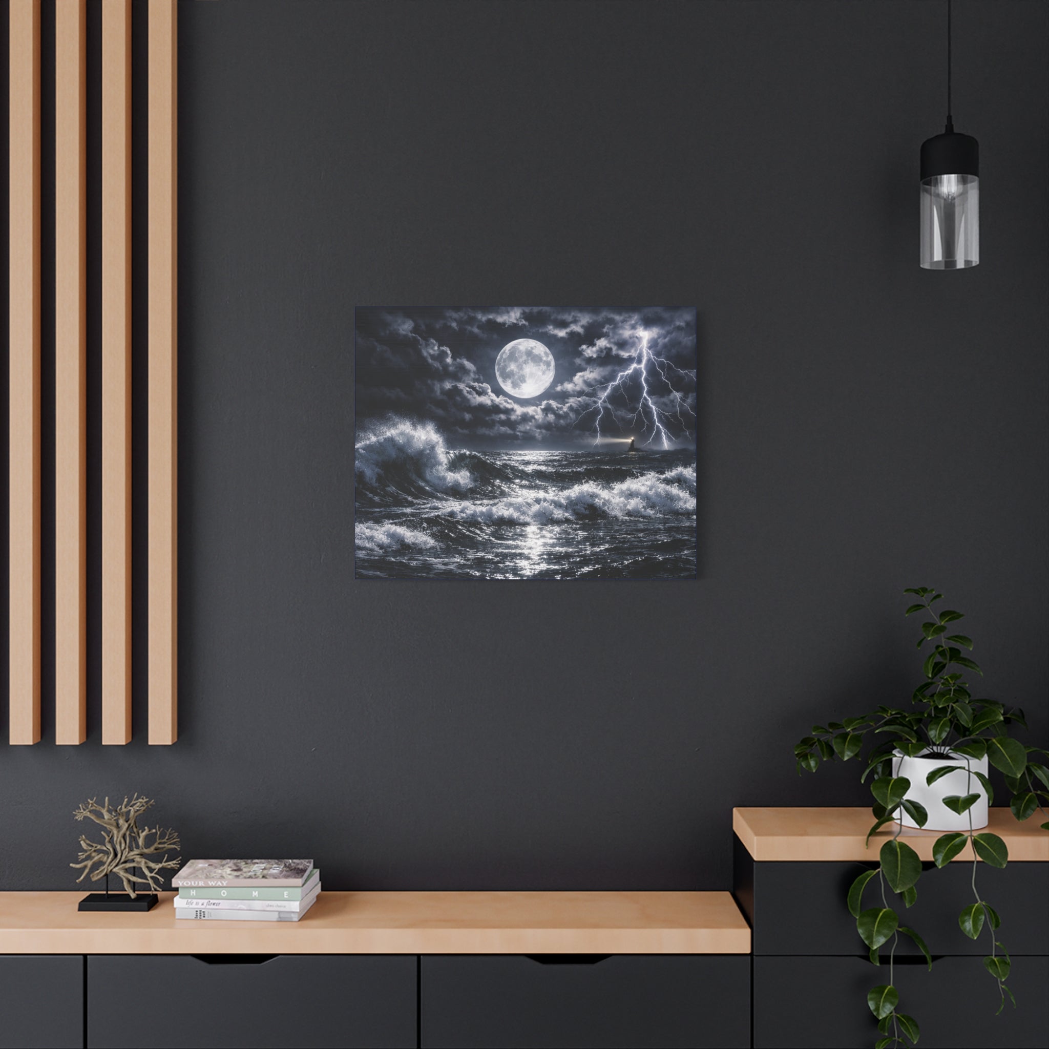 Stormy Moonlit Ocean Canvas Print — Dramatic Lighthouse Wall Art