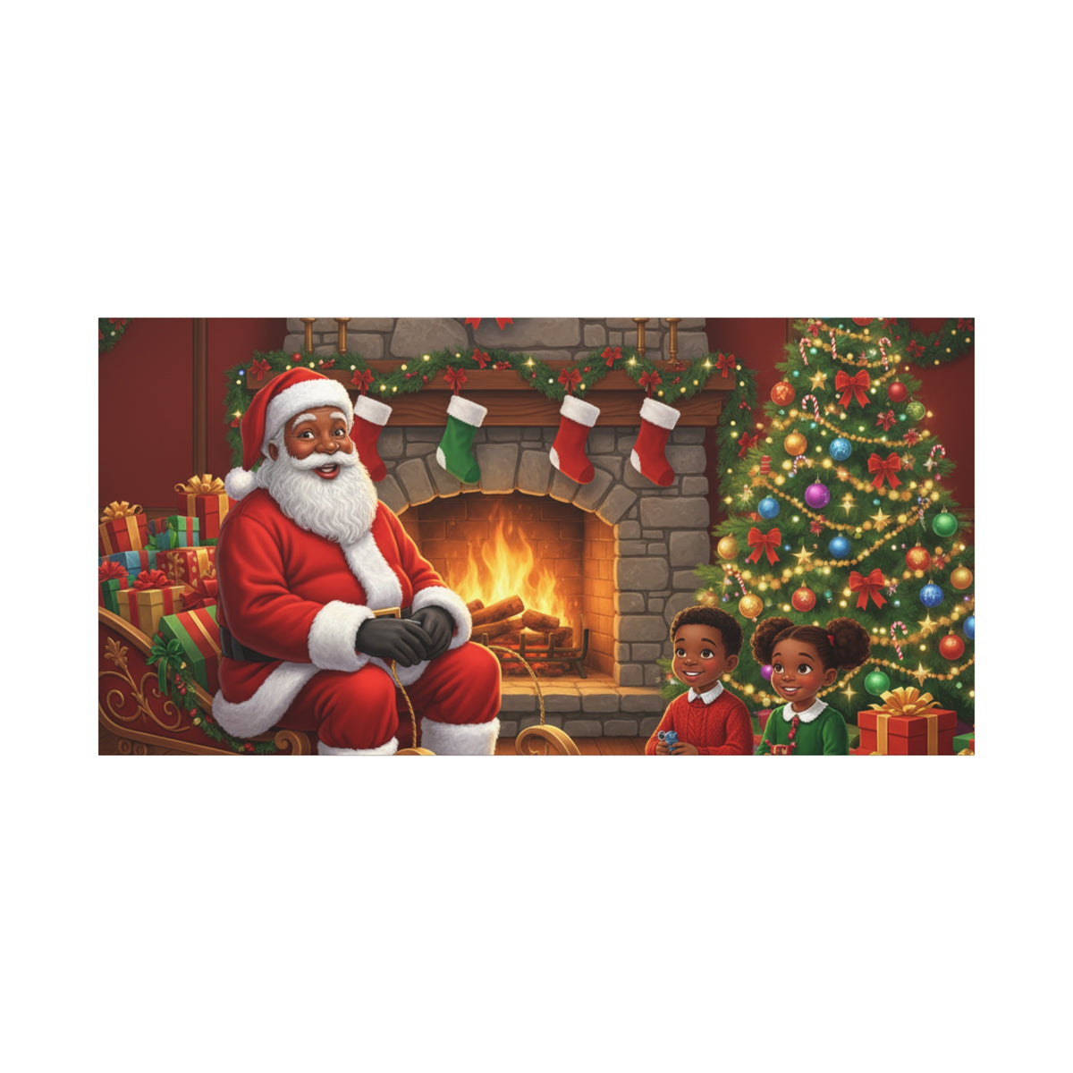 Christmas Santa Visit Canvas — Kids by the Fireplace Holiday Wall Art