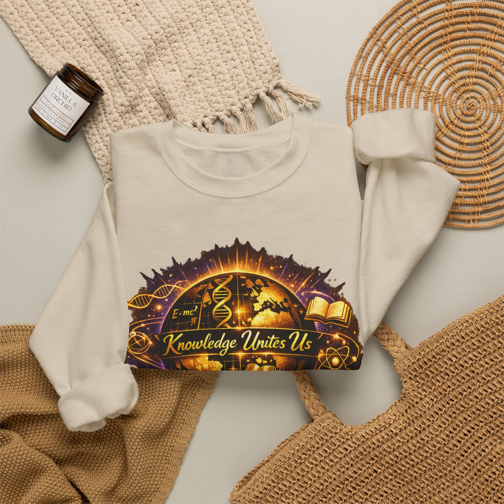 Crewneck Sweatshirt — 'Knowledge Unites Us' Cosmic Book & Community Graphic