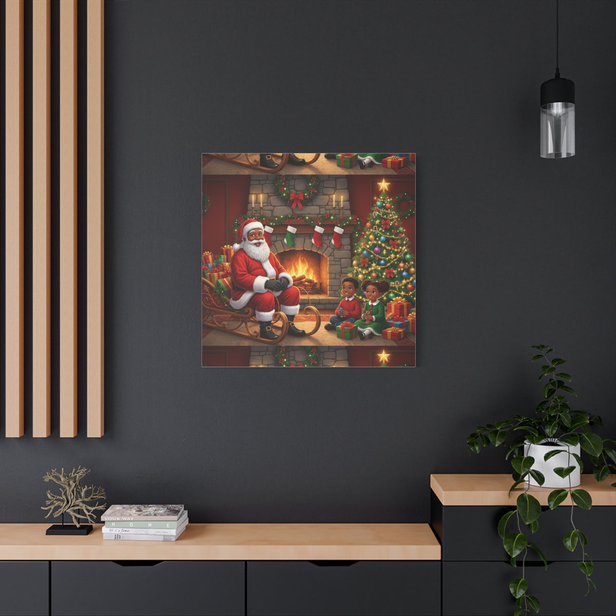 Christmas Santa Visit Canvas — Kids by the Fireplace Holiday Wall Art