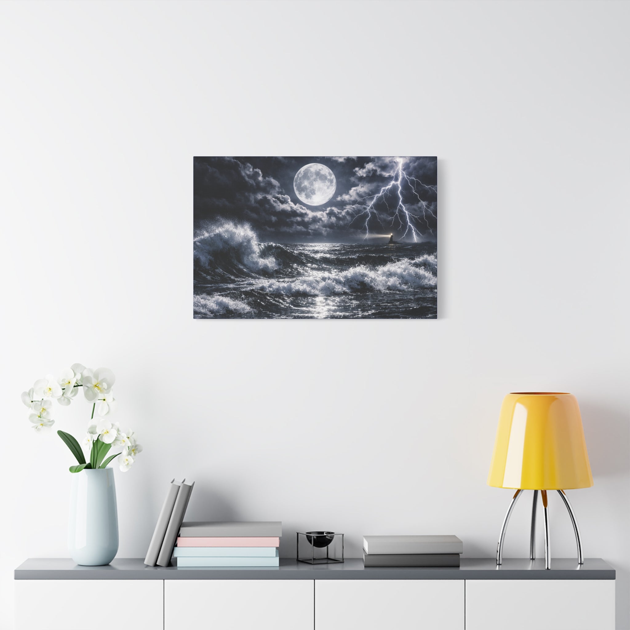 Stormy Moonlit Ocean Canvas Print — Dramatic Lighthouse Wall Art