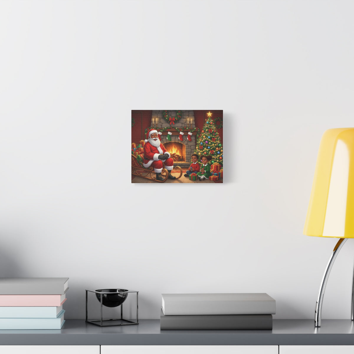 Christmas Santa Visit Canvas — Kids by the Fireplace Holiday Wall Art