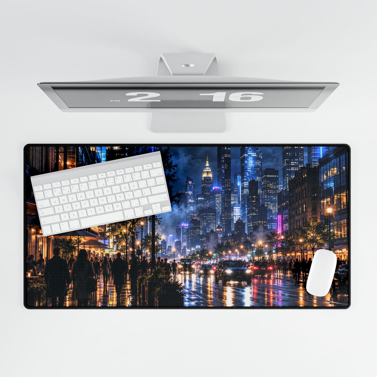City Nightscape Desk Mat — Rainy Neon Skyline Large Mousepad