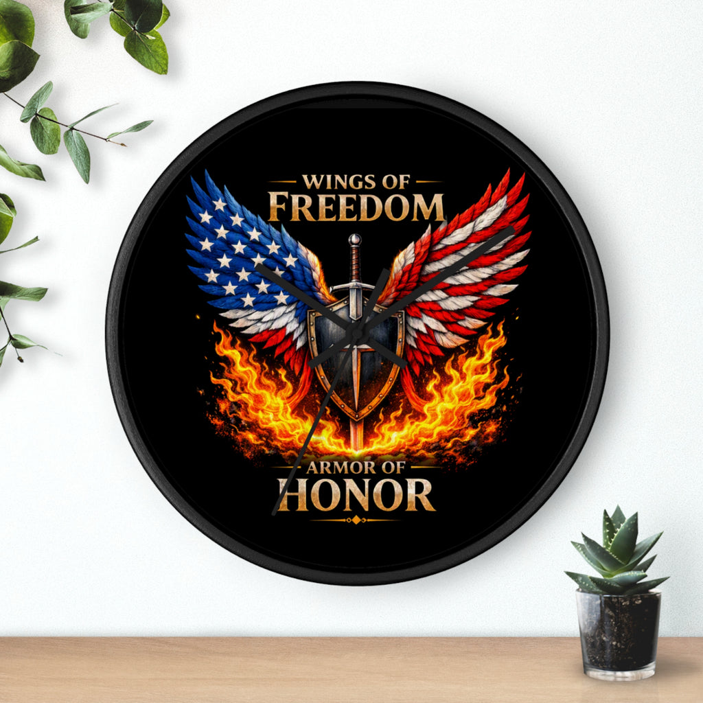 Wall Clock — Wings of Freedom Armor of Honor Patriotic American Eagle Flame Clock
