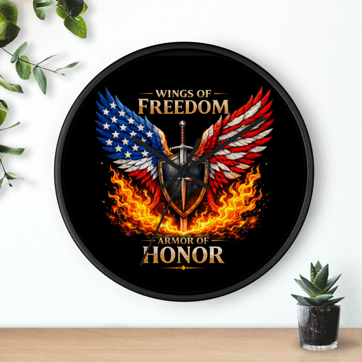 Wall Clock — Wings of Freedom Armor of Honor Patriotic American Eagle Flame Clock