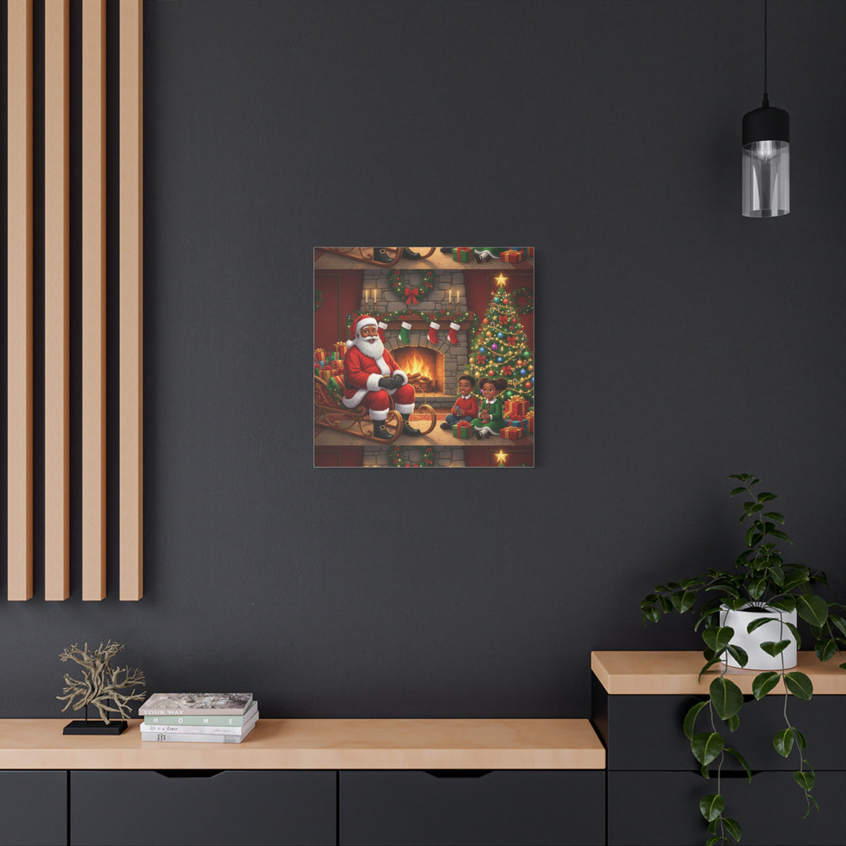 Christmas Santa Visit Canvas — Kids by the Fireplace Holiday Wall Art