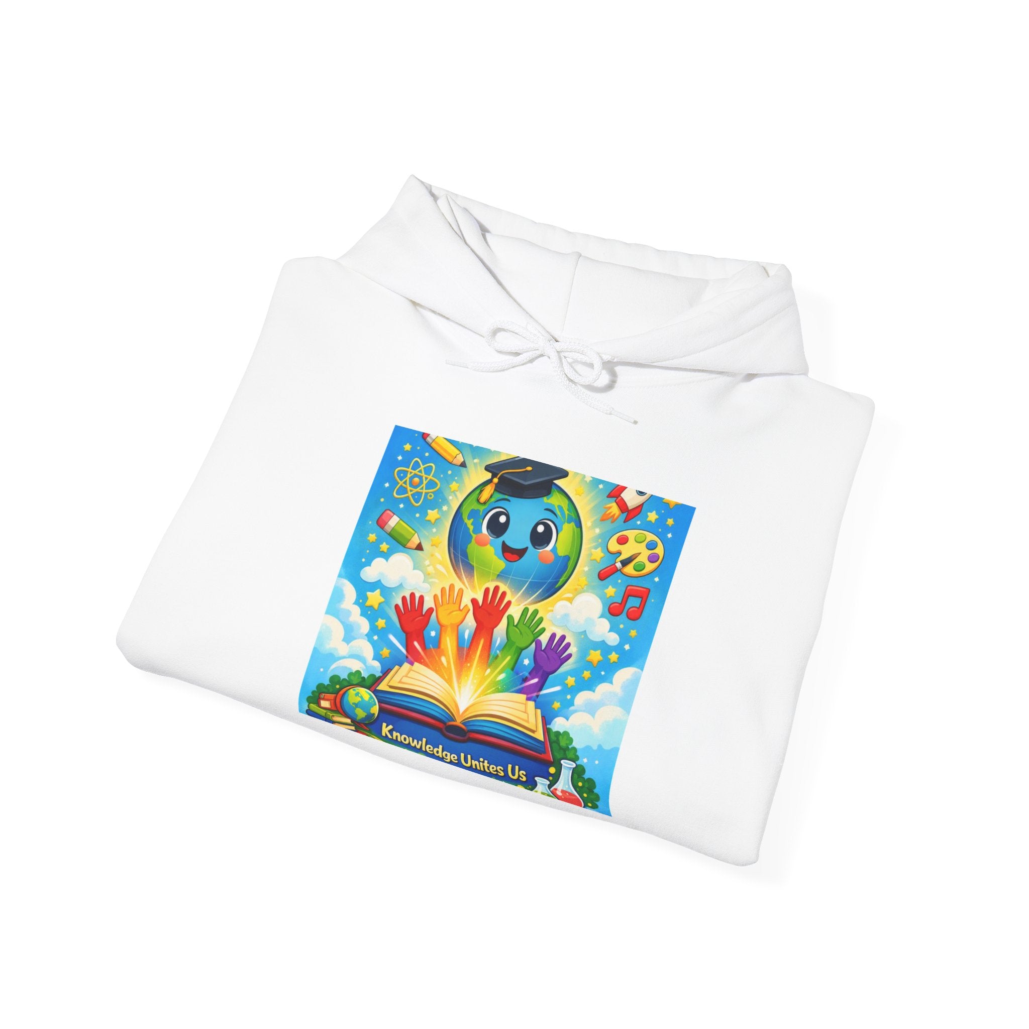 Hoodie — Colorful Earth & Peace Cartoon Graphic "Knowledge Before Power"