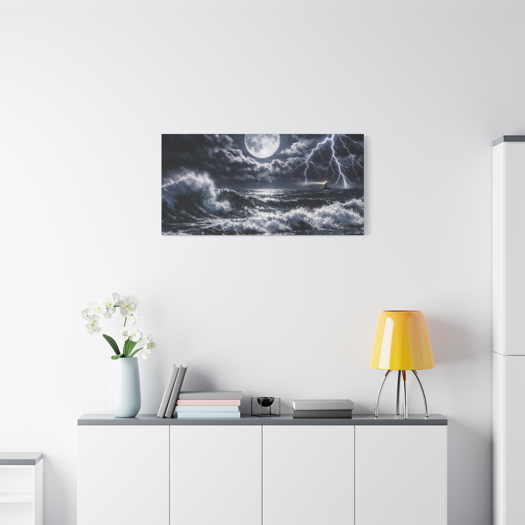 Stormy Moonlit Ocean Canvas Print — Dramatic Lighthouse Wall Art