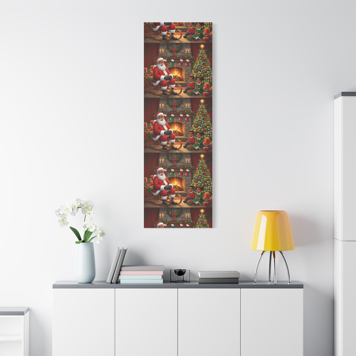 Christmas Santa Visit Canvas — Kids by the Fireplace Holiday Wall Art