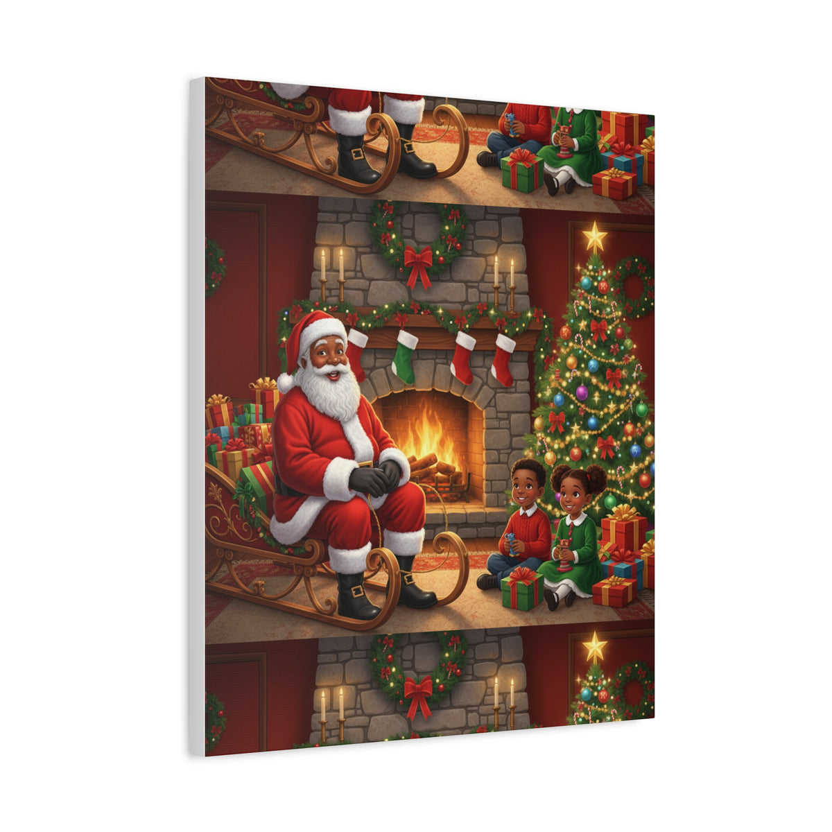 Christmas Santa Visit Canvas — Kids by the Fireplace Holiday Wall Art