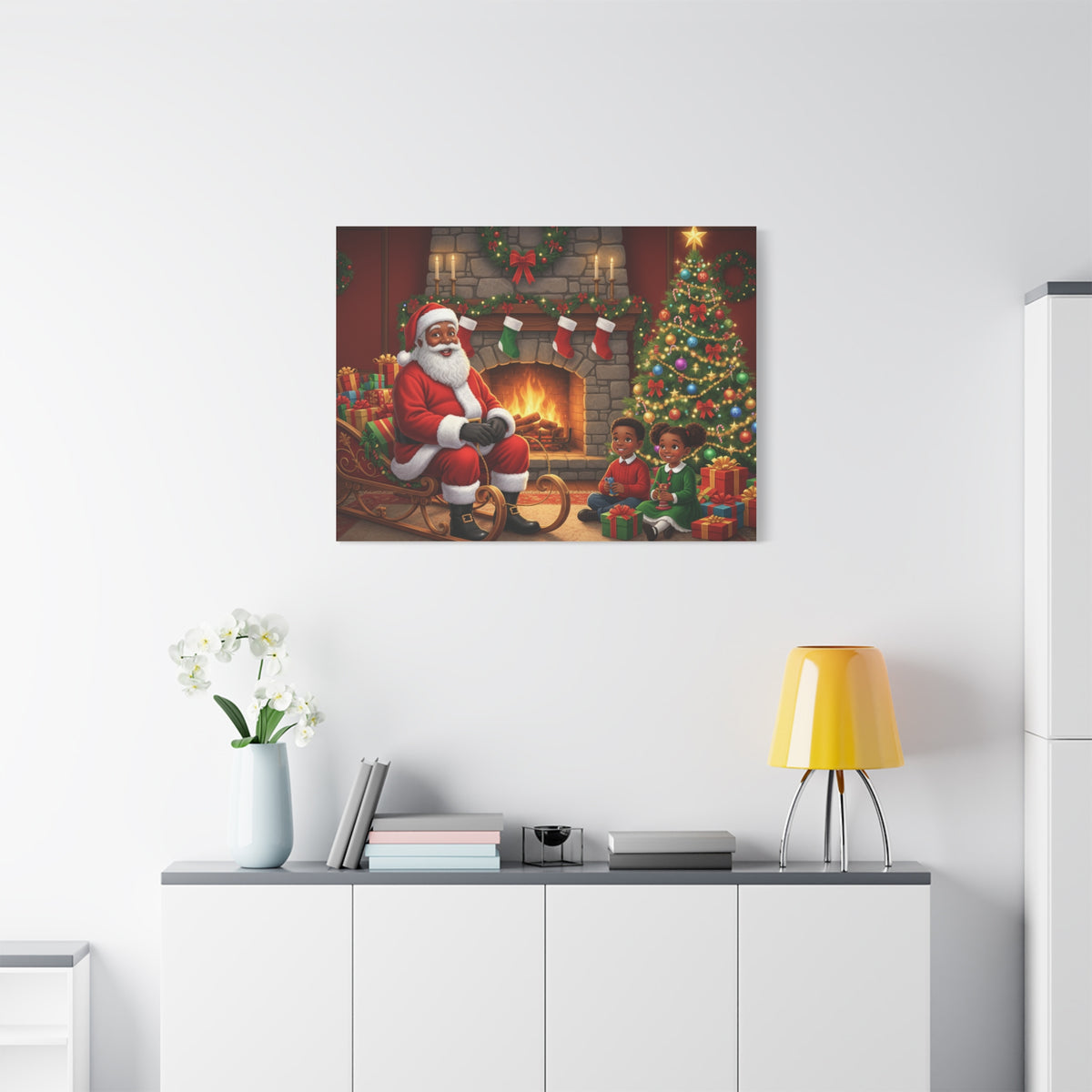 Christmas Santa Visit Canvas — Kids by the Fireplace Holiday Wall Art