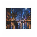 City Nightscape Desk Mat — Rainy Neon Skyline Large Mousepad