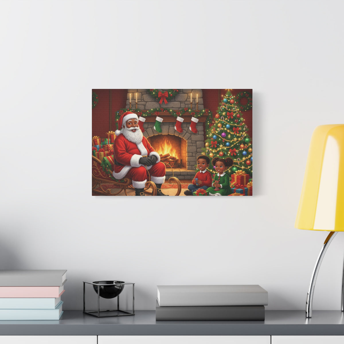 Christmas Santa Visit Canvas — Kids by the Fireplace Holiday Wall Art