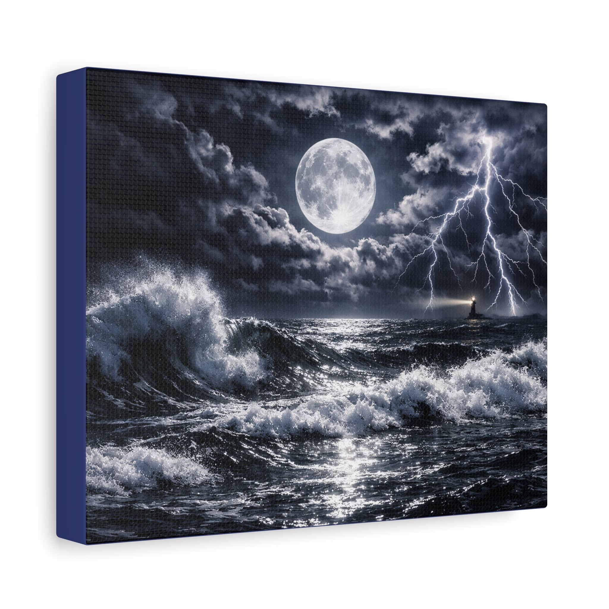 Stormy Moonlit Ocean Canvas Print — Dramatic Lighthouse Wall Art