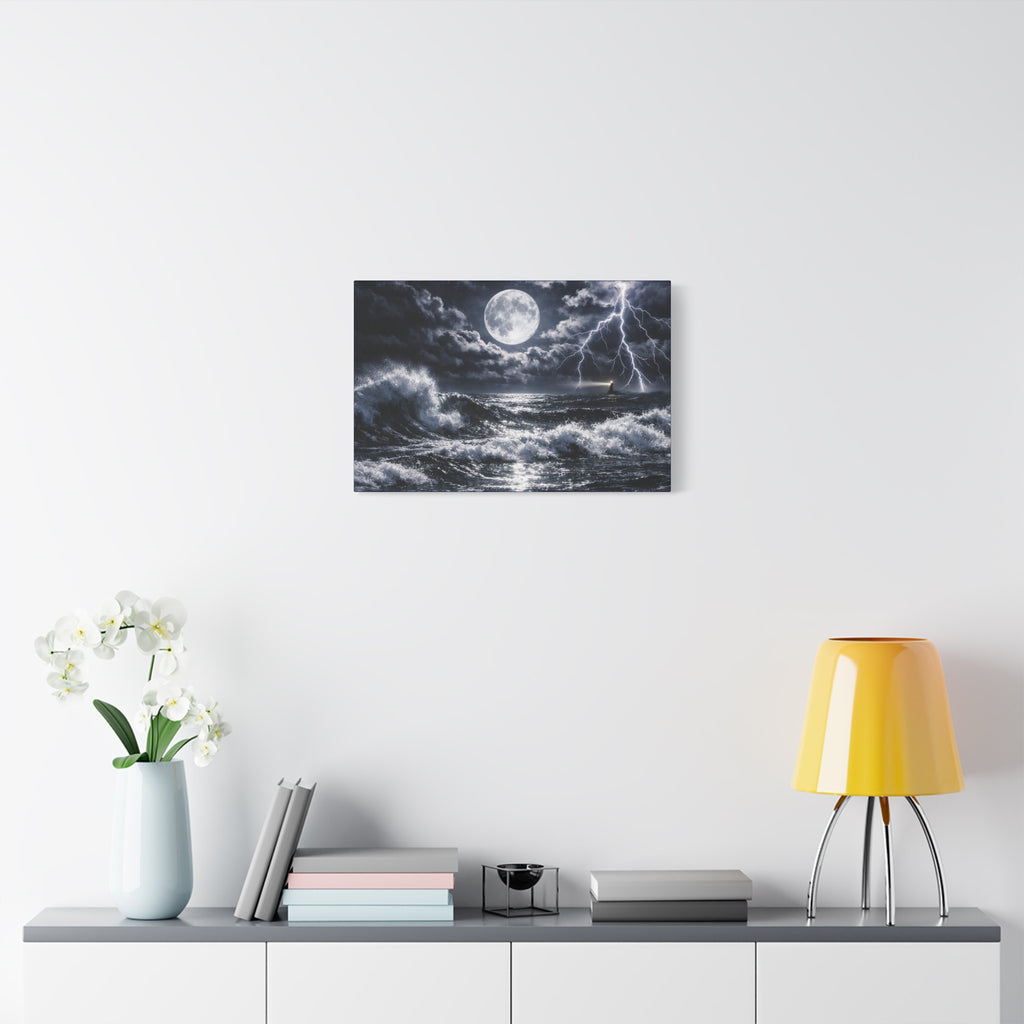 Stormy Moonlit Ocean Canvas Print — Dramatic Lighthouse Wall Art