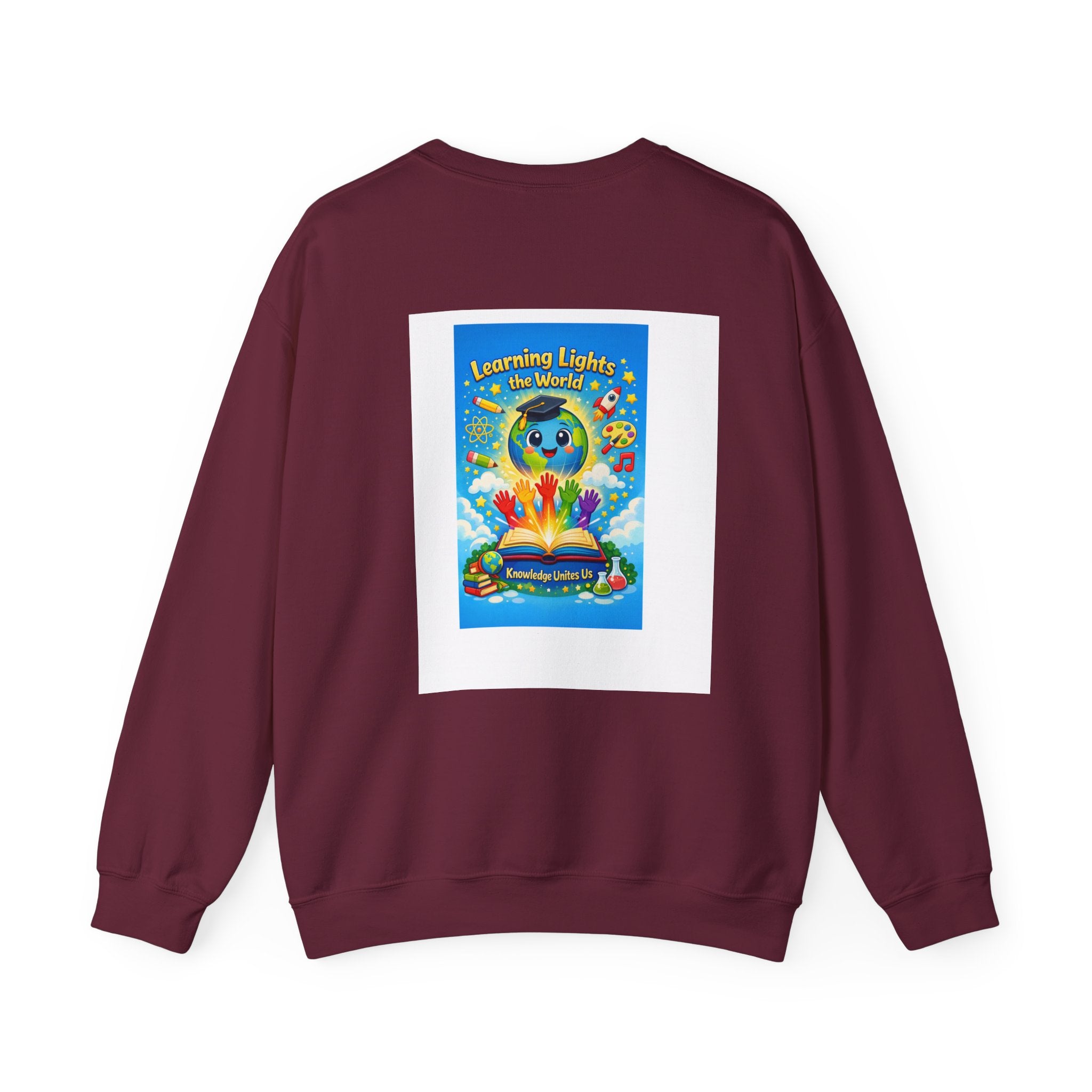 Crewneck Sweatshirt — "Learning Lights the World" Cute Graduation Earth Character Kids Educator Gift