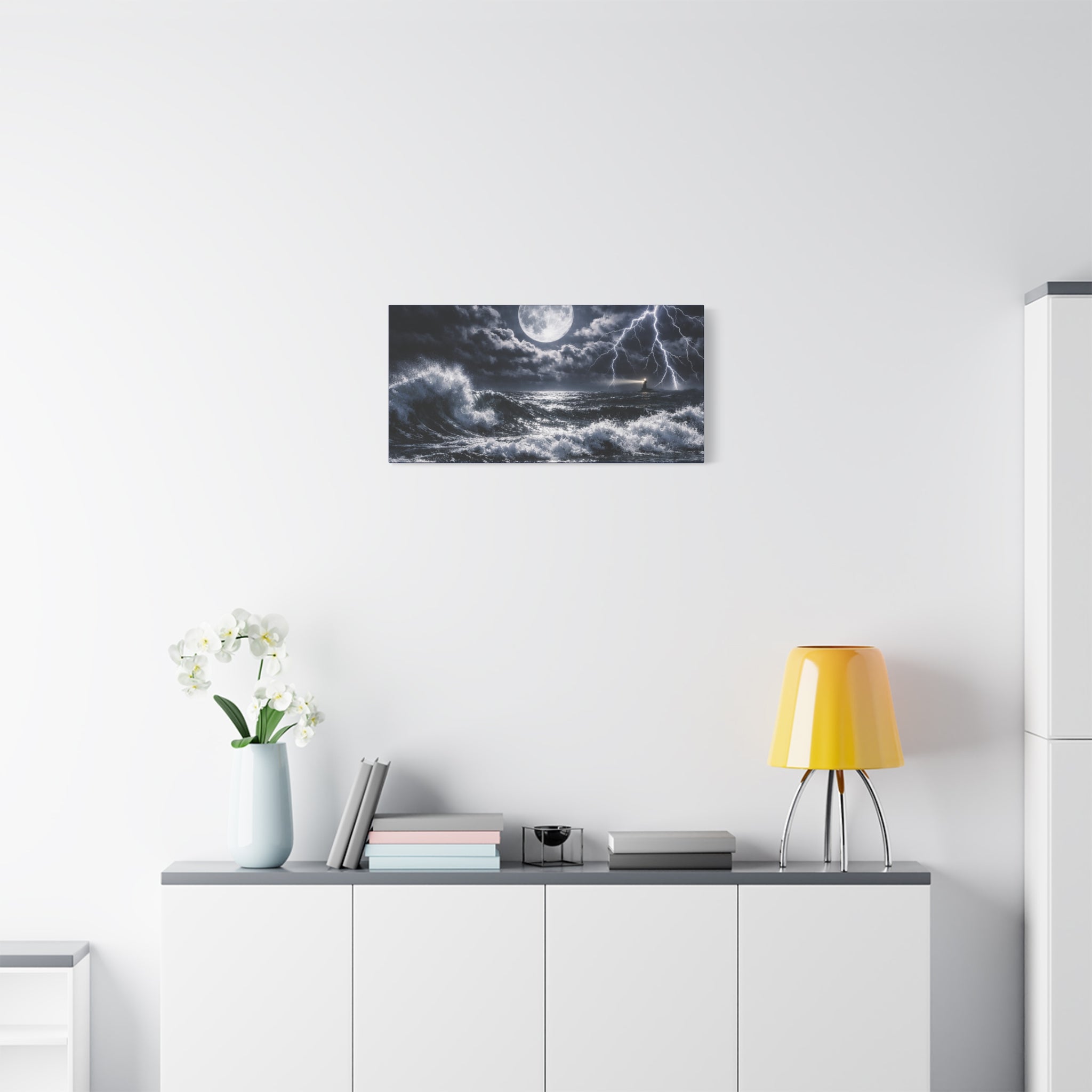Stormy Moonlit Ocean Canvas Print — Dramatic Lighthouse Wall Art