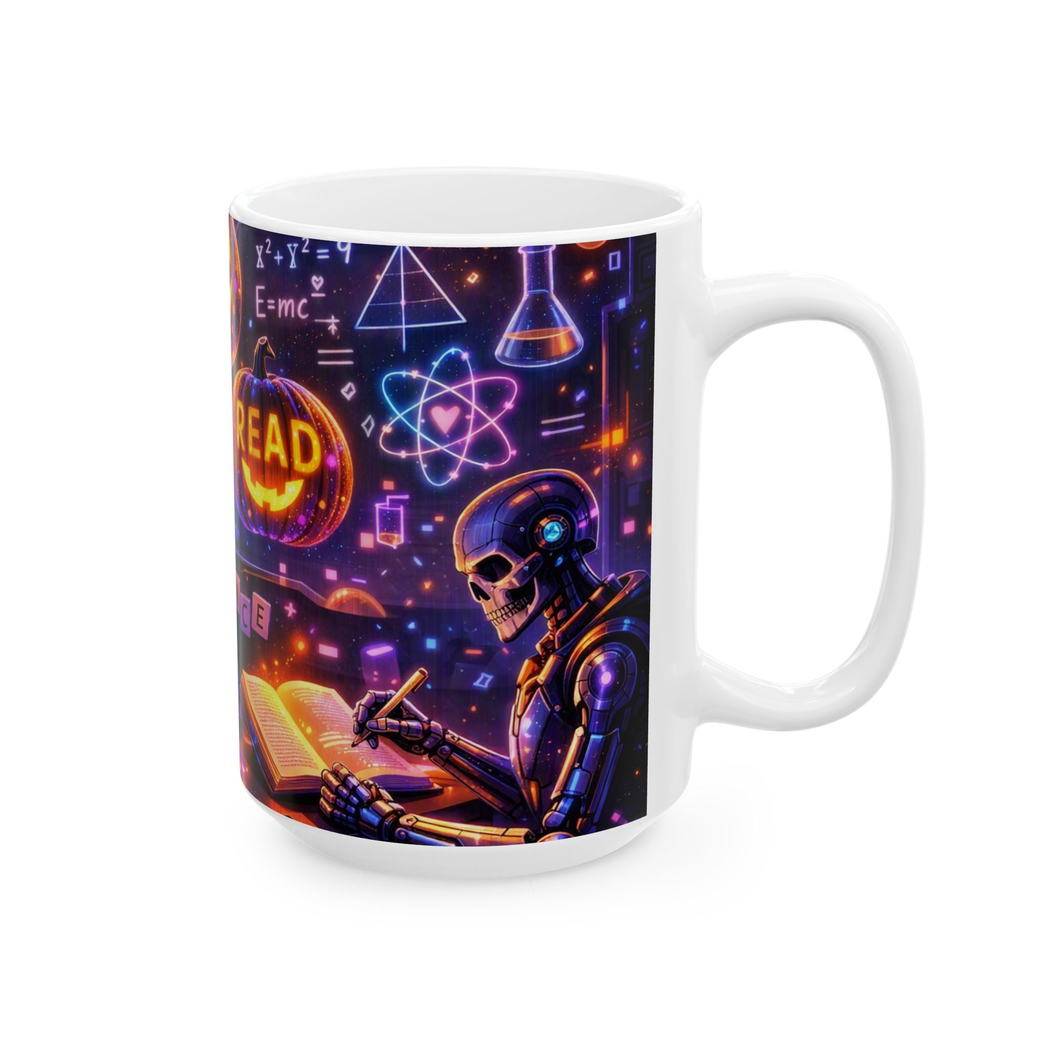Halloween Science Pumpkin Mug — Glowing STEM & Read Lab Ceramic Coffee Cup (11oz/15oz)