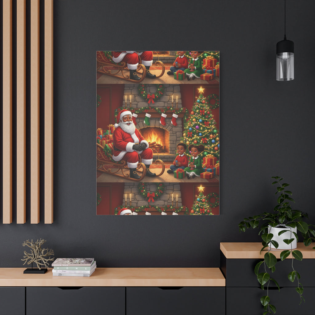Christmas Santa Visit Canvas — Kids by the Fireplace Holiday Wall Art