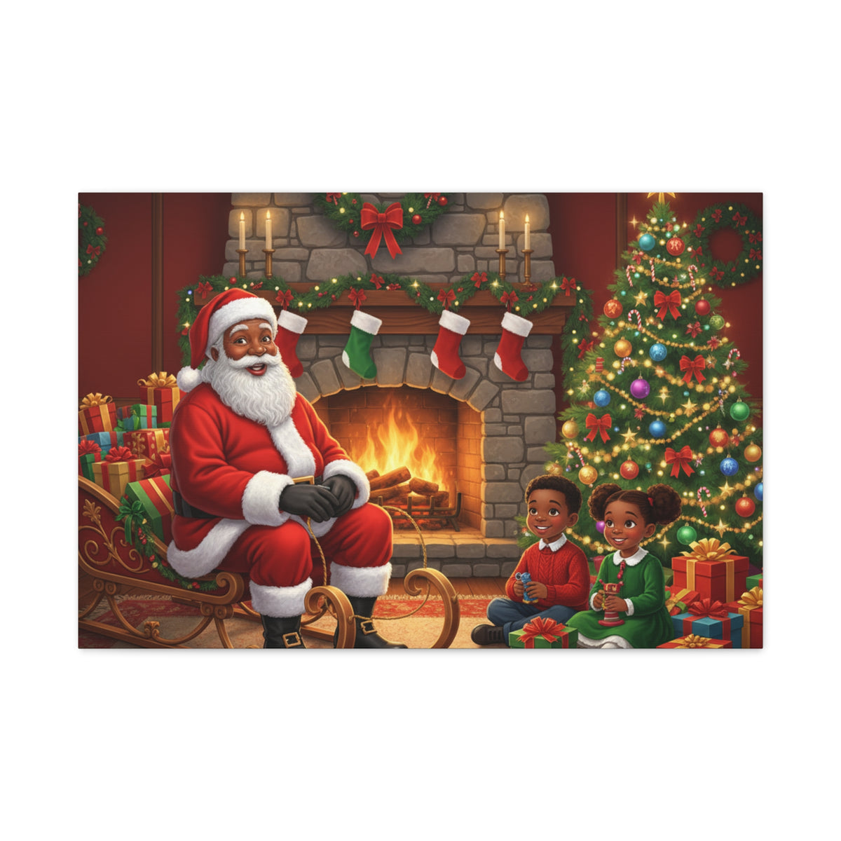 Christmas Santa Visit Canvas — Kids by the Fireplace Holiday Wall Art