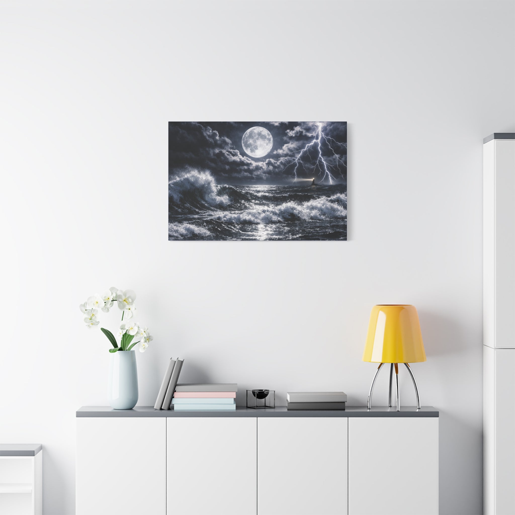Stormy Moonlit Ocean Canvas Print — Dramatic Lighthouse Wall Art