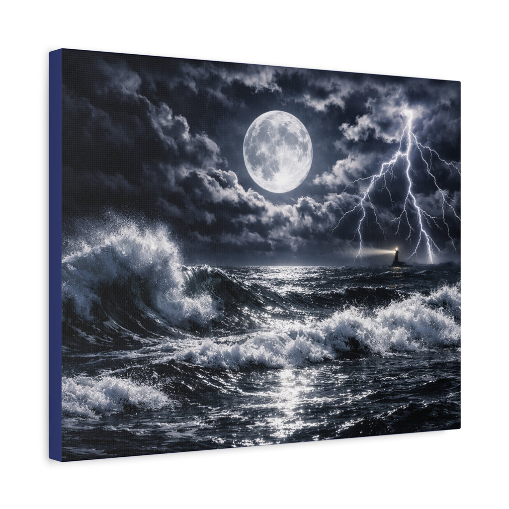 Stormy Moonlit Ocean Canvas Print — Dramatic Lighthouse Wall Art
