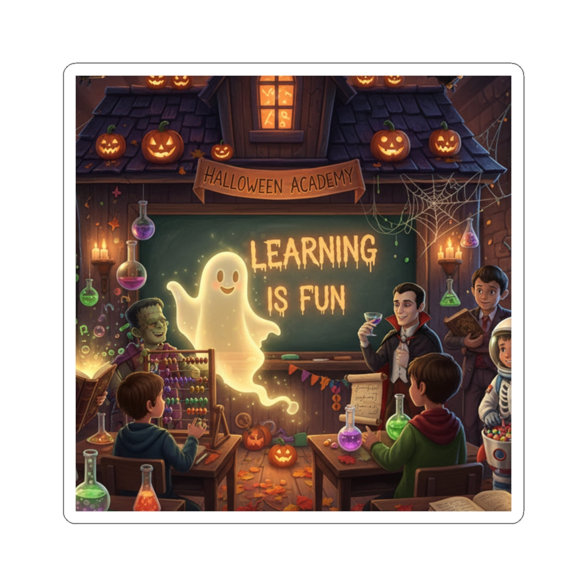 Halloween Classroom Sticker — “Learning Is Fun” Ghost Kiss-Cut Sticker